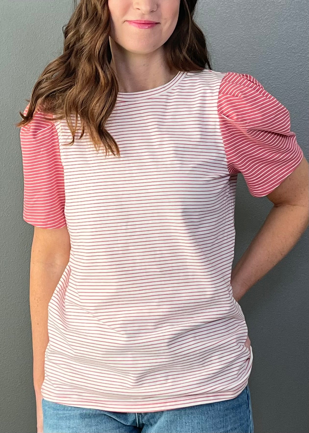 Hadley Striped Puff Sleeve - Pink
